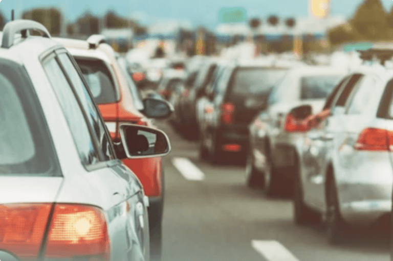 A traffic jam. Safe driving on Labor Day is important, and a lawyer can help if an accident happens.
